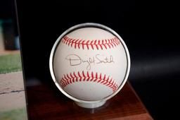 Signed Chicago Cub Dwight Smith Baseball and Photograph with Display