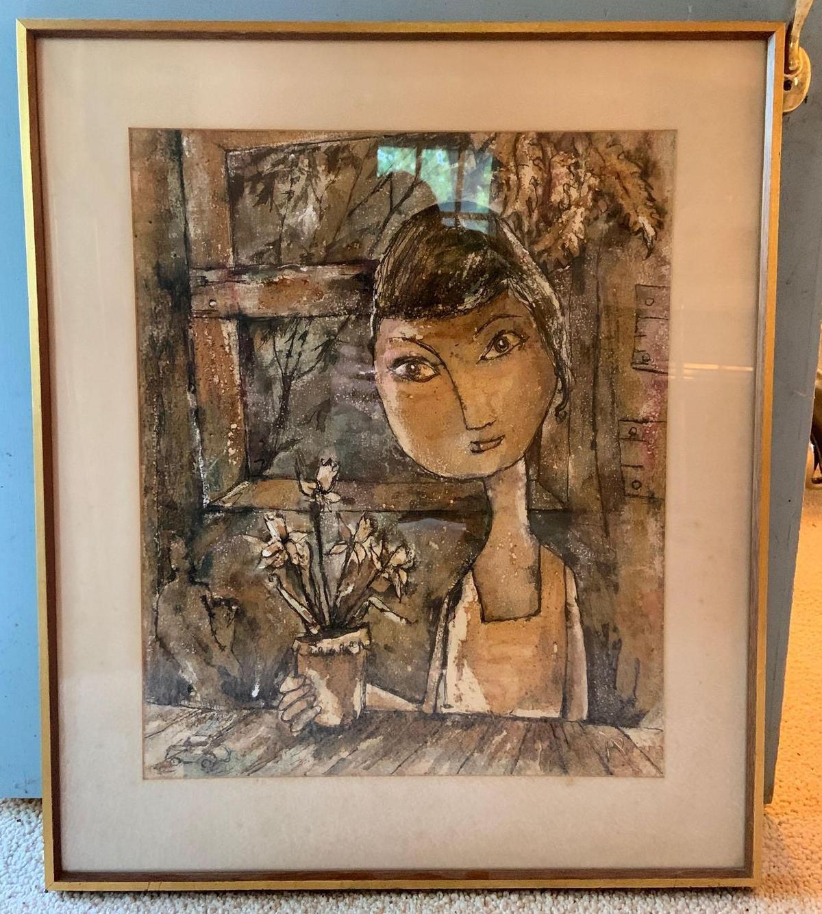 Mixed media painting of a girl with flower pot