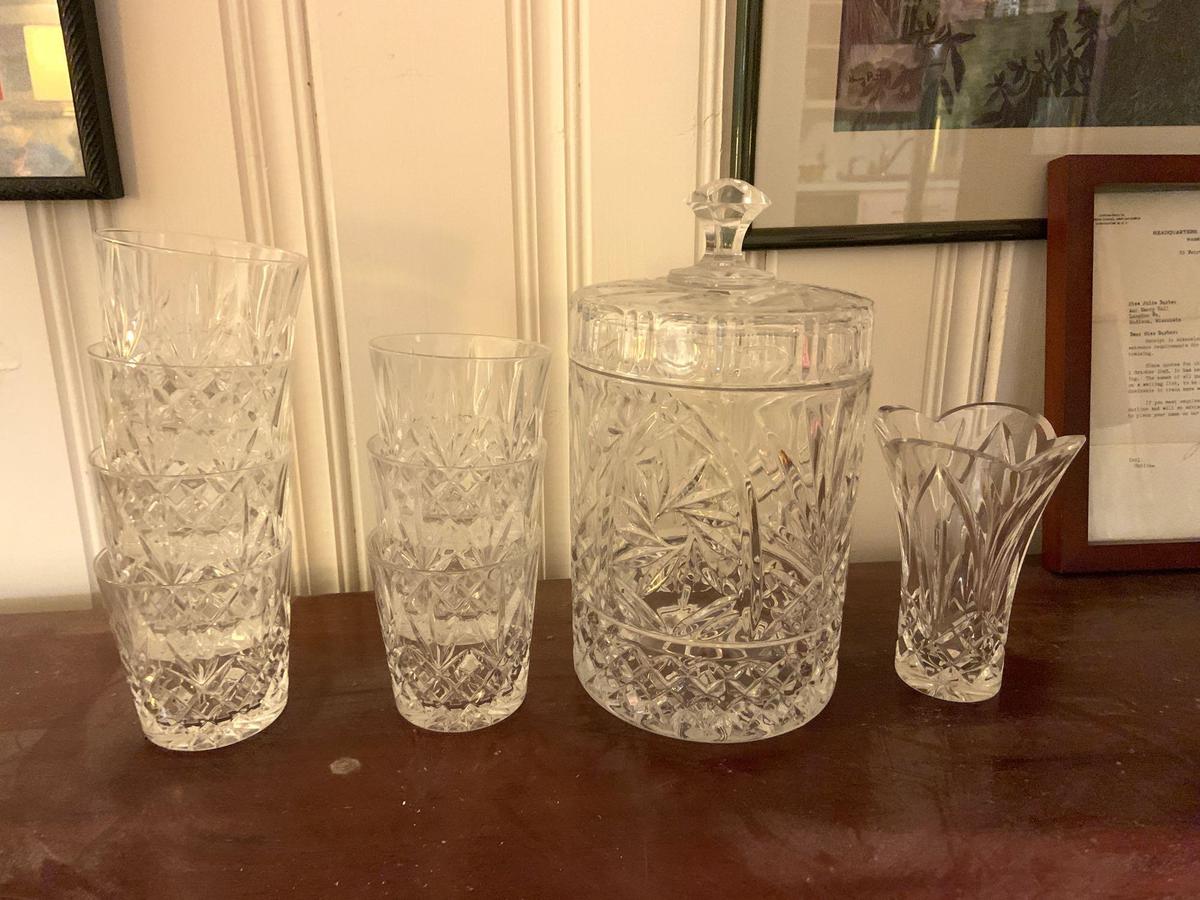 Pressed glass tumblers, ice bucket, and vase