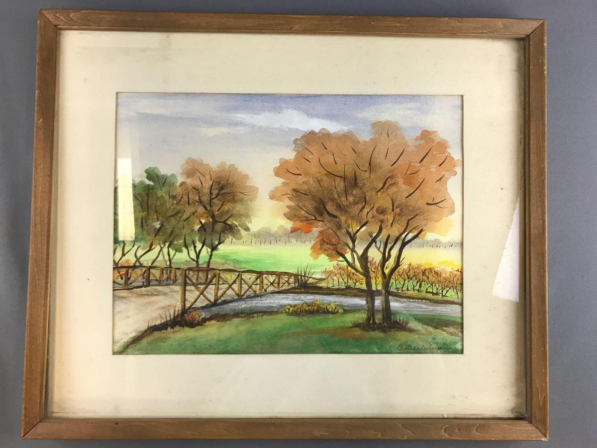 Framed painting fall trees and bridge