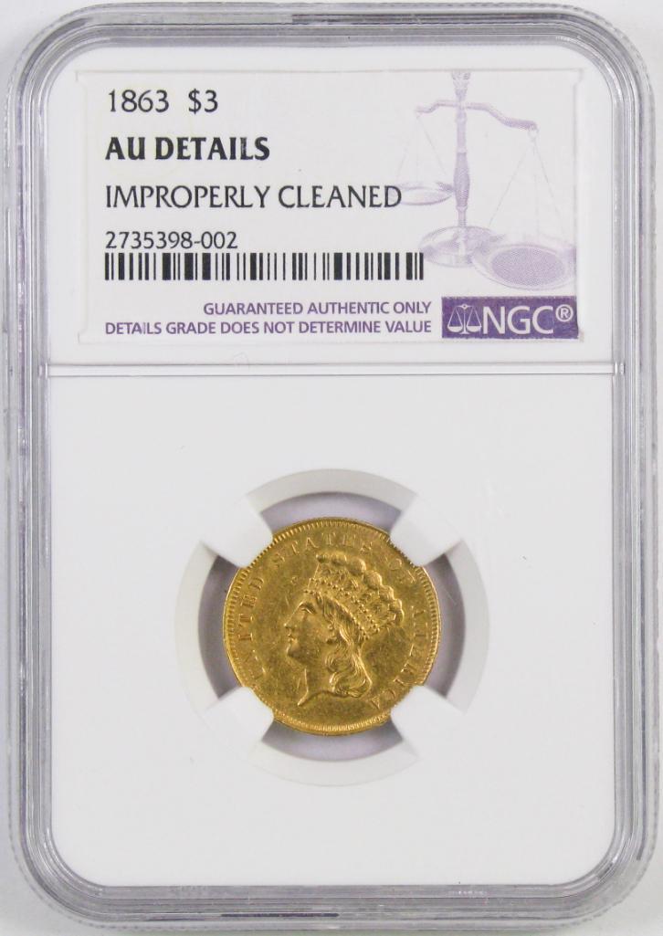 1863 $3.00 Indian Princess Gold (NGC) AU details.