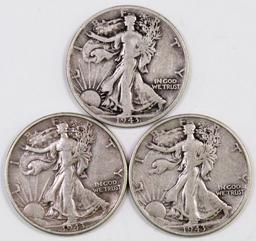 Lot of (3) 1943 P Walking Liberty Silver Half Dollars.