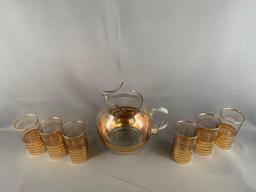 Vintage seven piece lemonade set with gold stripe design