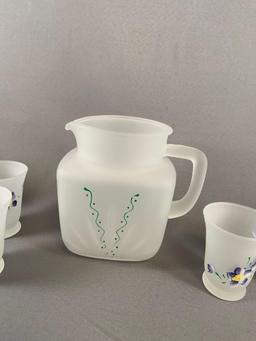 Vintage 9 piece frosted glass with hand painted floral design lemonade set