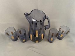 Vintage blue glass five piece lemonade set