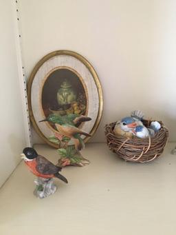 Shelf lot of porcelain birds and more