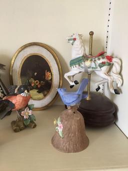 Shelf lot of porcelain birds and more