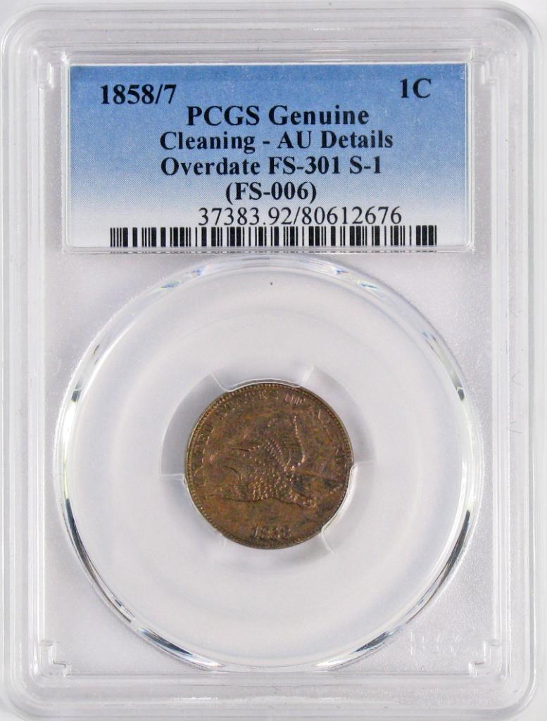 1858/7 Flying Eagle Cent (PCGS) AU details.