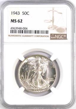 1943 P Walking Liberty Silver Half Dollar (NGC) MS62.