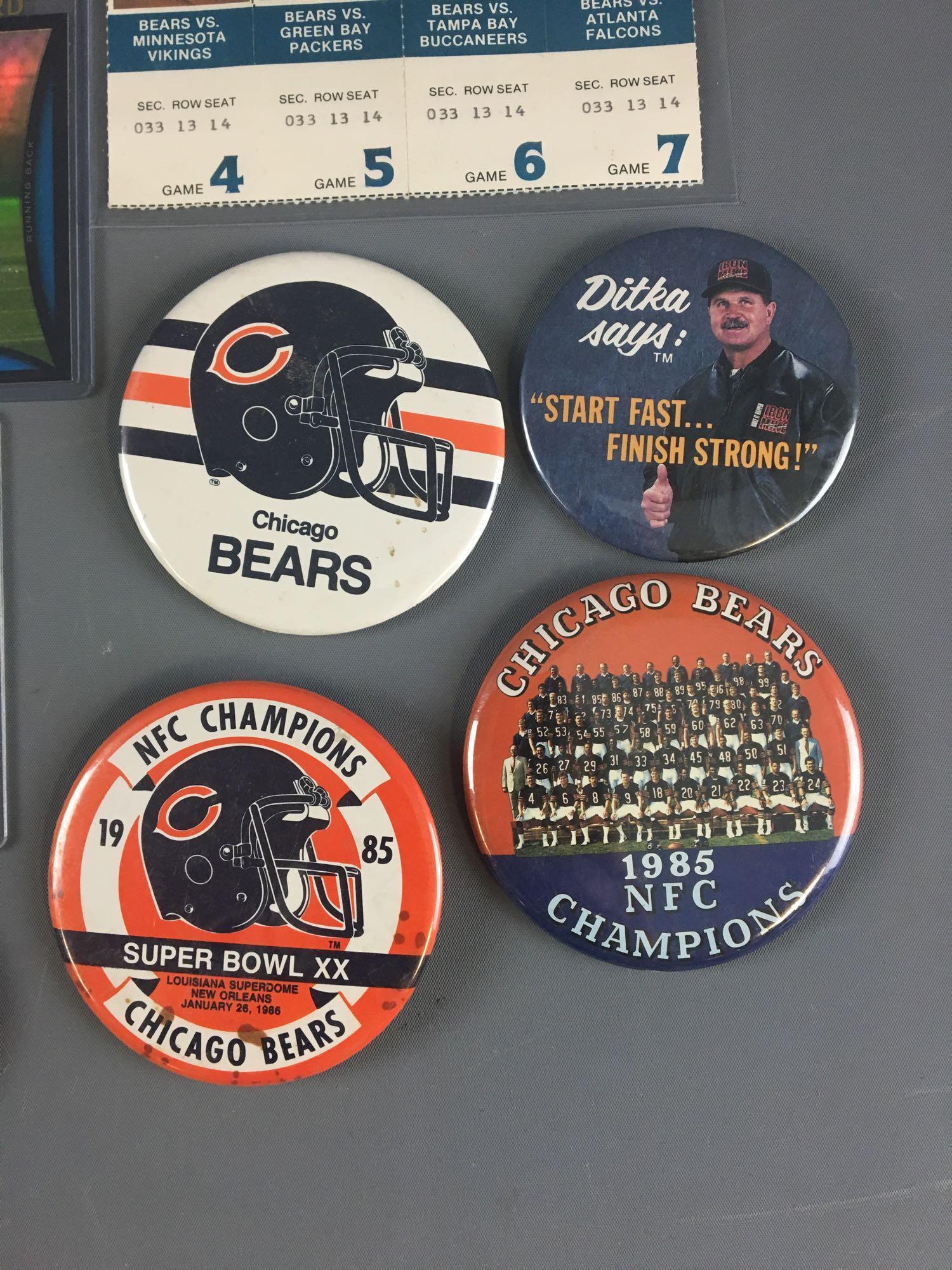 Group of Chicago Bears Rookie Cards, Pinbacks, tickets stubs and more