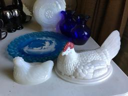 Group of Vintage glass items including decanter and milk glass chicken