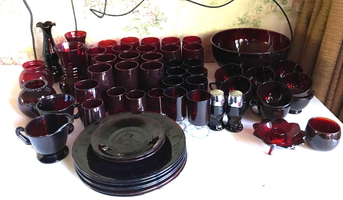 Large group of vintage ruby glass cups plates and more
