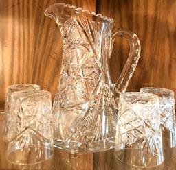 5 Piece Set, Antique Cut Glass Pitcher and Tumblers.