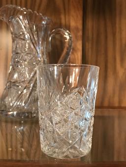 5 Piece Set, Antique Cut Glass Pitcher and Tumblers.