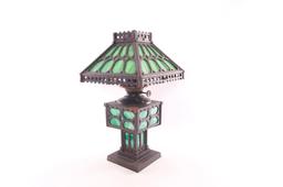 Antique Cast Iron Table Lamp with Stained Glass Shade