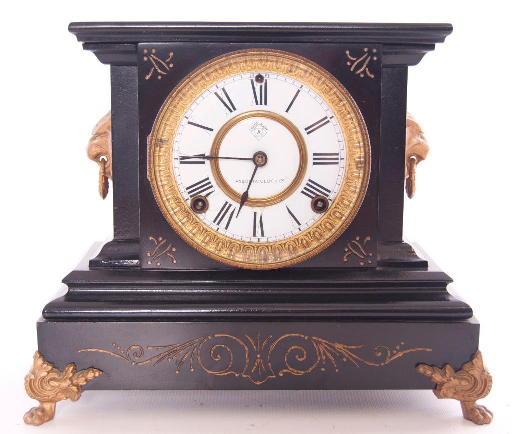 Antique Ansonia Metal Mantle Clock with Lions Head and Feet