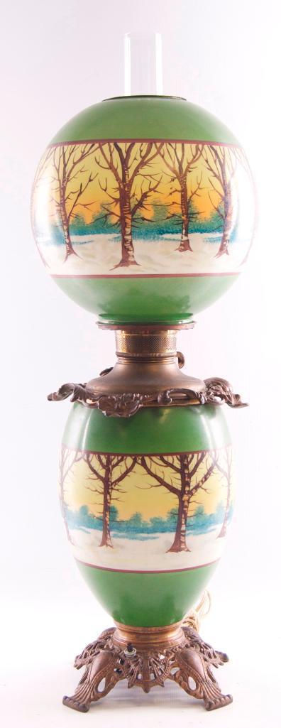 Antique Gone with the Wind Lamp with Snowy Forest Design on Base Glass and Globe