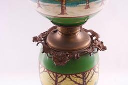 Antique Gone with the Wind Lamp with Snowy Forest Design on Base Glass and Globe