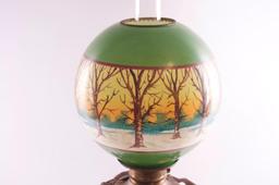 Antique Gone with the Wind Lamp with Snowy Forest Design on Base Glass and Globe