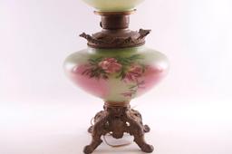 Antique Gone with the Wind Lamp with Floral Design on Base Glass and Globe