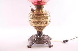 Antique Gone with the Wind Lamp with Cranberry Glass Globe