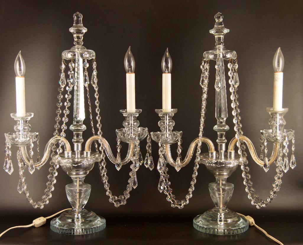 Pair of Vintage Glass Candelabras with Hanging Crystals