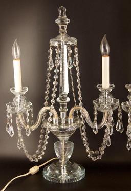 Pair of Vintage Glass Candelabras with Hanging Crystals