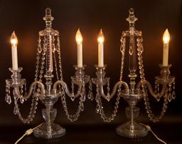 Pair of Vintage Glass Candelabras with Hanging Crystals