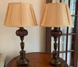 Pair of antique red color cut to clear table lamps