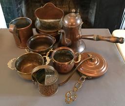 Group of Vintage brass pan, teapot and more