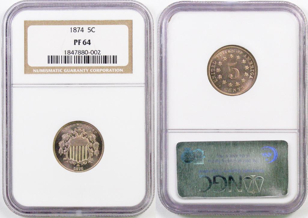 1874 Shield Nickel (NGC) PF64.