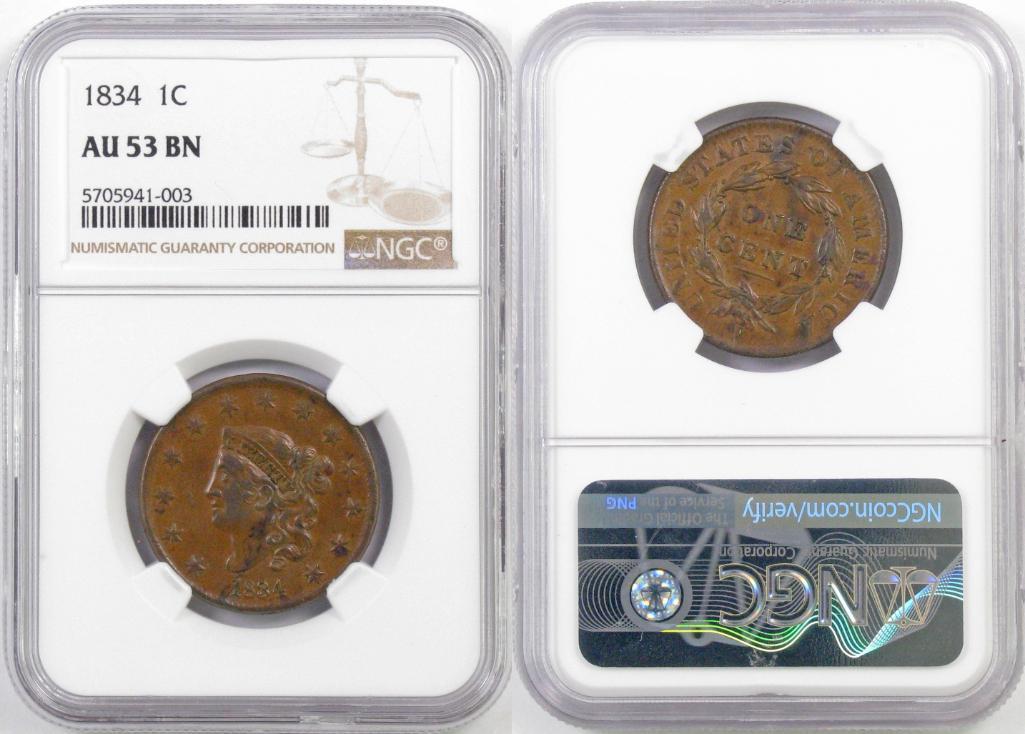 1834 Coronet Head Large Cent (NGC) AU53BN.