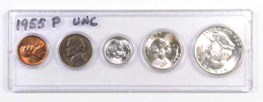 5-Coin 1955 Unc Coin Set - Half Dollar, Quarter, Dime, Nickel & Cent.