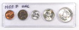 5-Coin 1955 Unc Coin Set - Half Dollar, Quarter, Dime, Nickel & Cent.