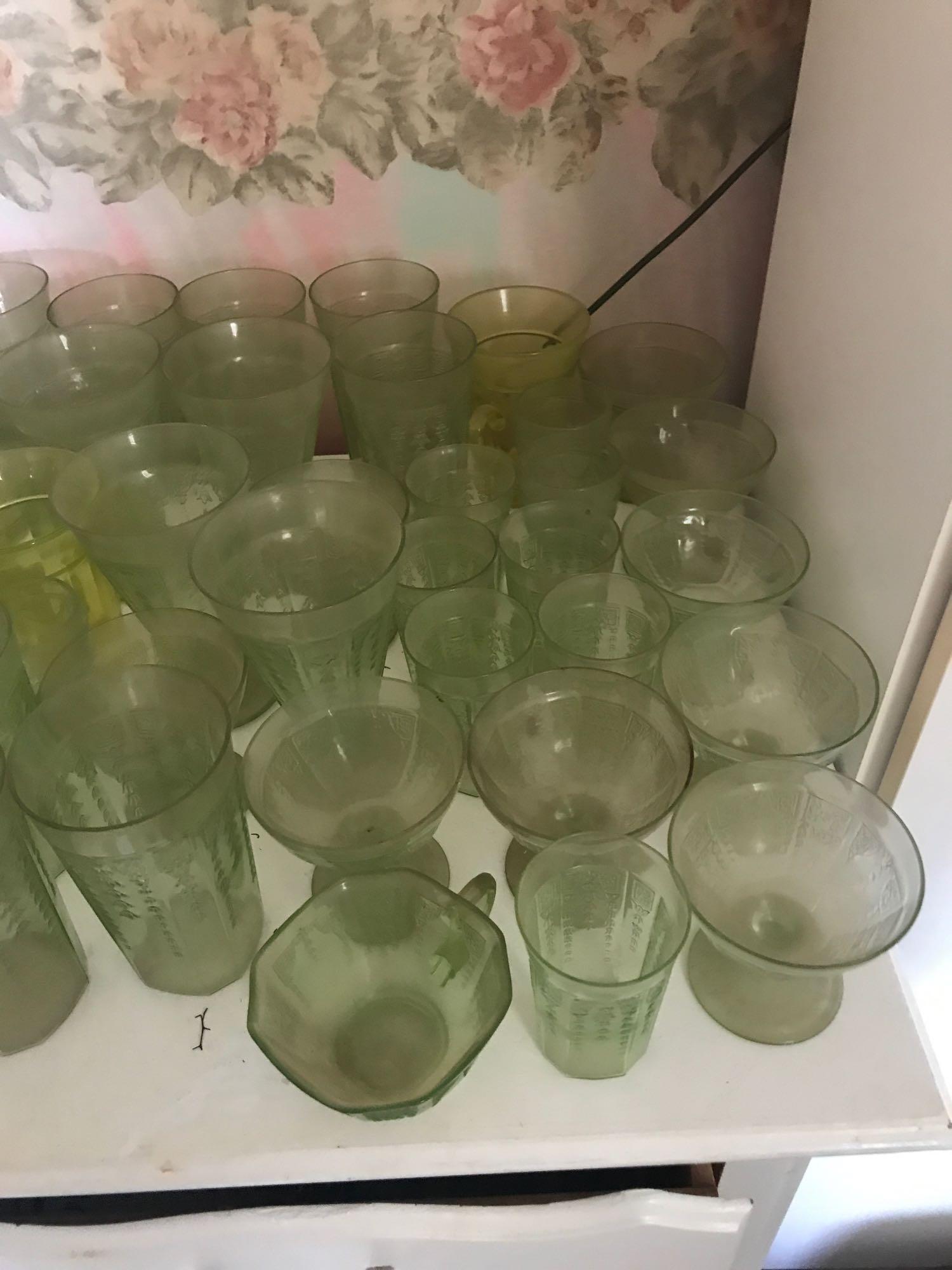 Aprx 100 pieces of green depression glass