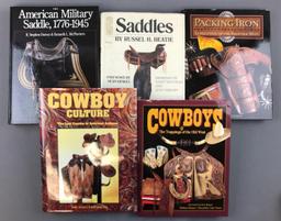 Group of 5 hard cover books about Cowboys, saddles, gun leather