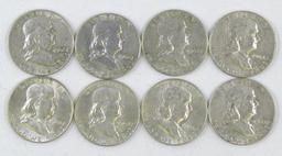 Group of (8) Franklin Silver Half Dollars.