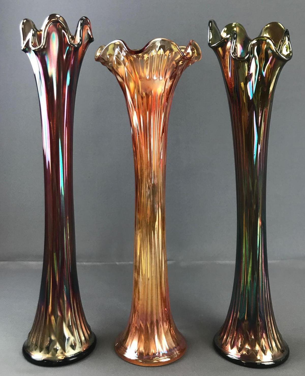 Group of 3 Antique Fenton Carnival Glass Ruffled Edge vases