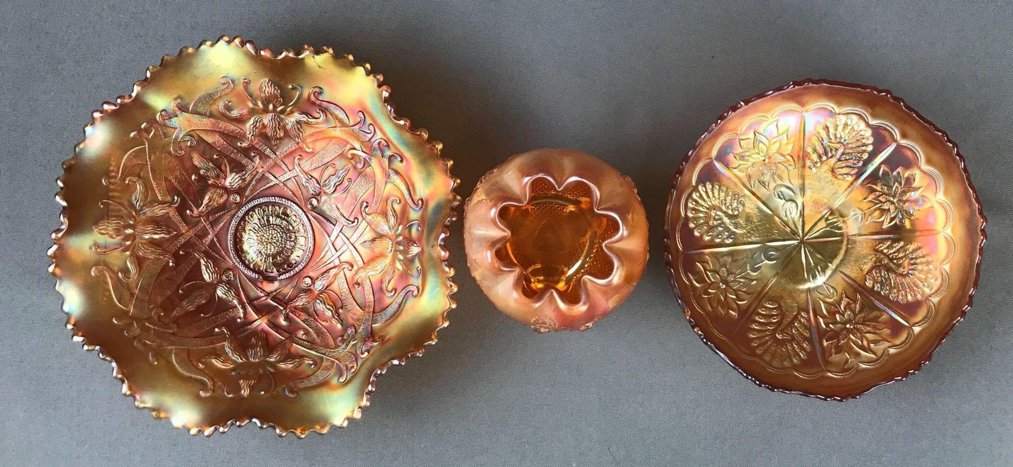 Group of 3 Antique Marigold Carnival Glass bowls