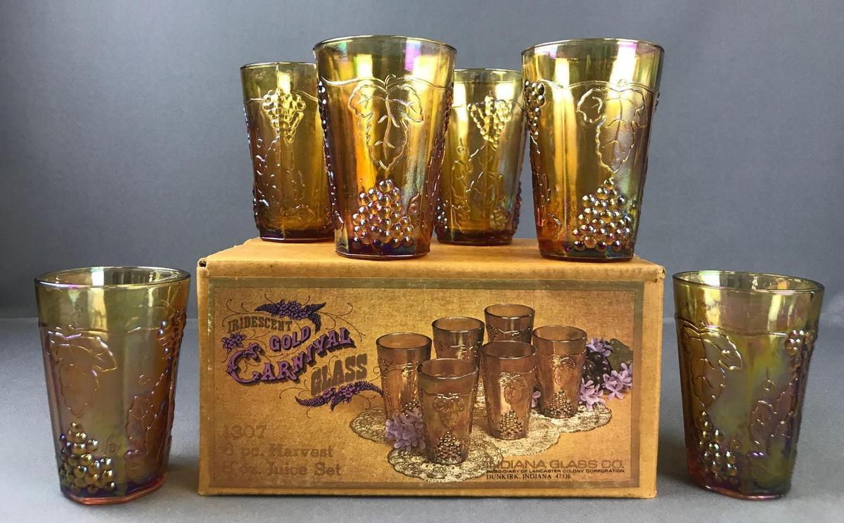 Group of 12 Irridescent Gold Indiana Glass Co. Carnival Glass Juice glasses-Harvest