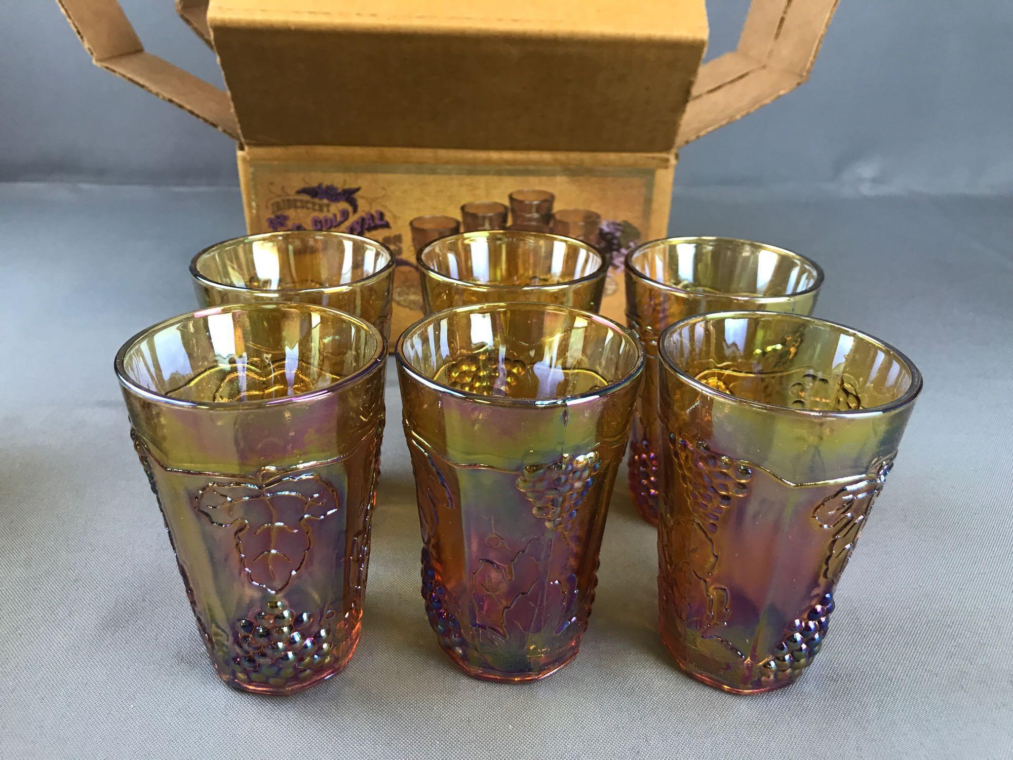 Group of 12 Irridescent Gold Indiana Glass Co. Carnival Glass Juice glasses-Harvest