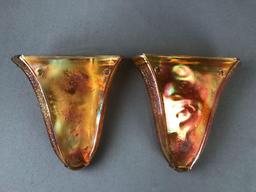 Group of 2 Antique Marigold Carnival Glass Wall Pockets-Bird, Grape and Cable