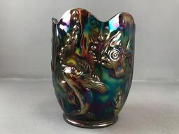 Black Amethyst Fenton Carnival Glass Jardinere-Goldfish