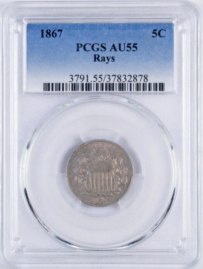 1867 Rays Shield Nickel (PCGS) AU55.