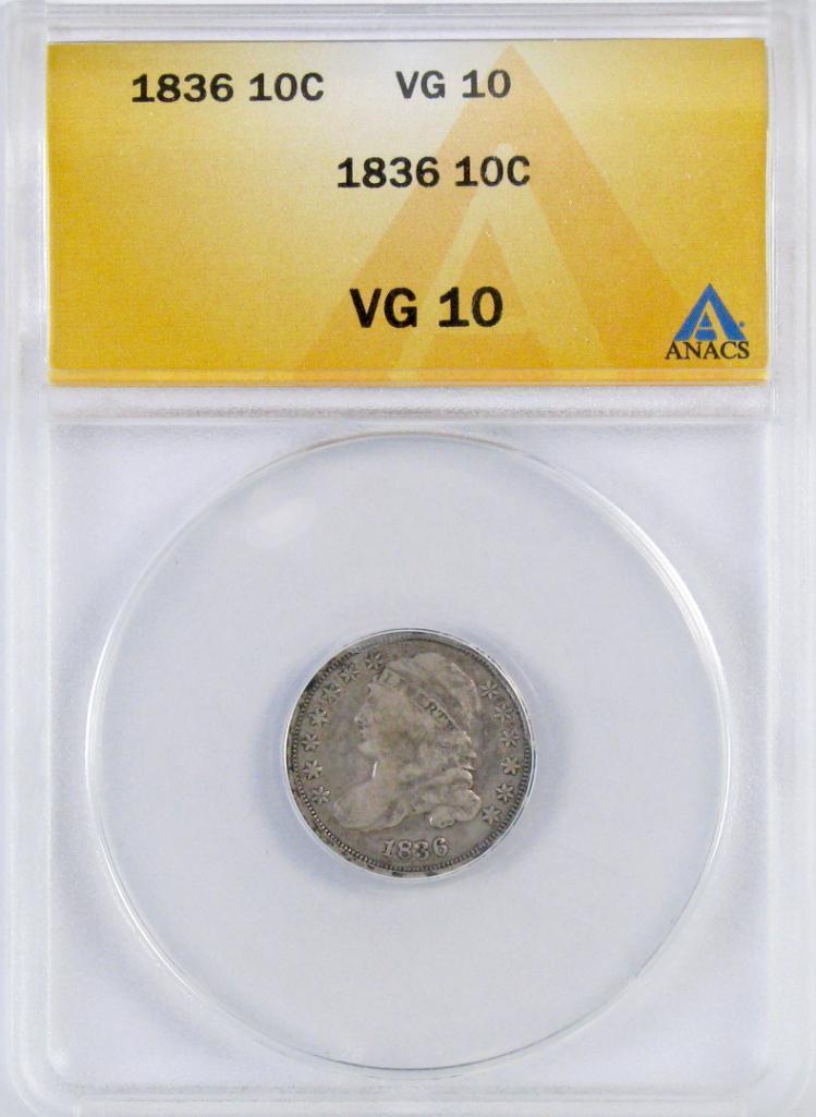 1836 Capped Bust Silver Dime (ANACS) VG10.