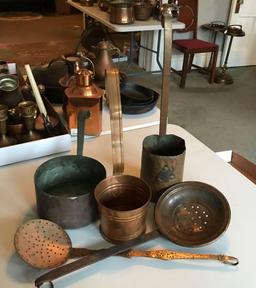 Group of 5 antique copper pans and strainers