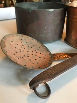 Group of 5 antique copper pans and strainers