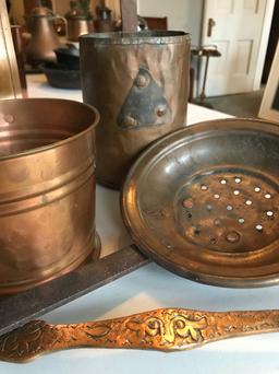 Group of 5 antique copper pans and strainers