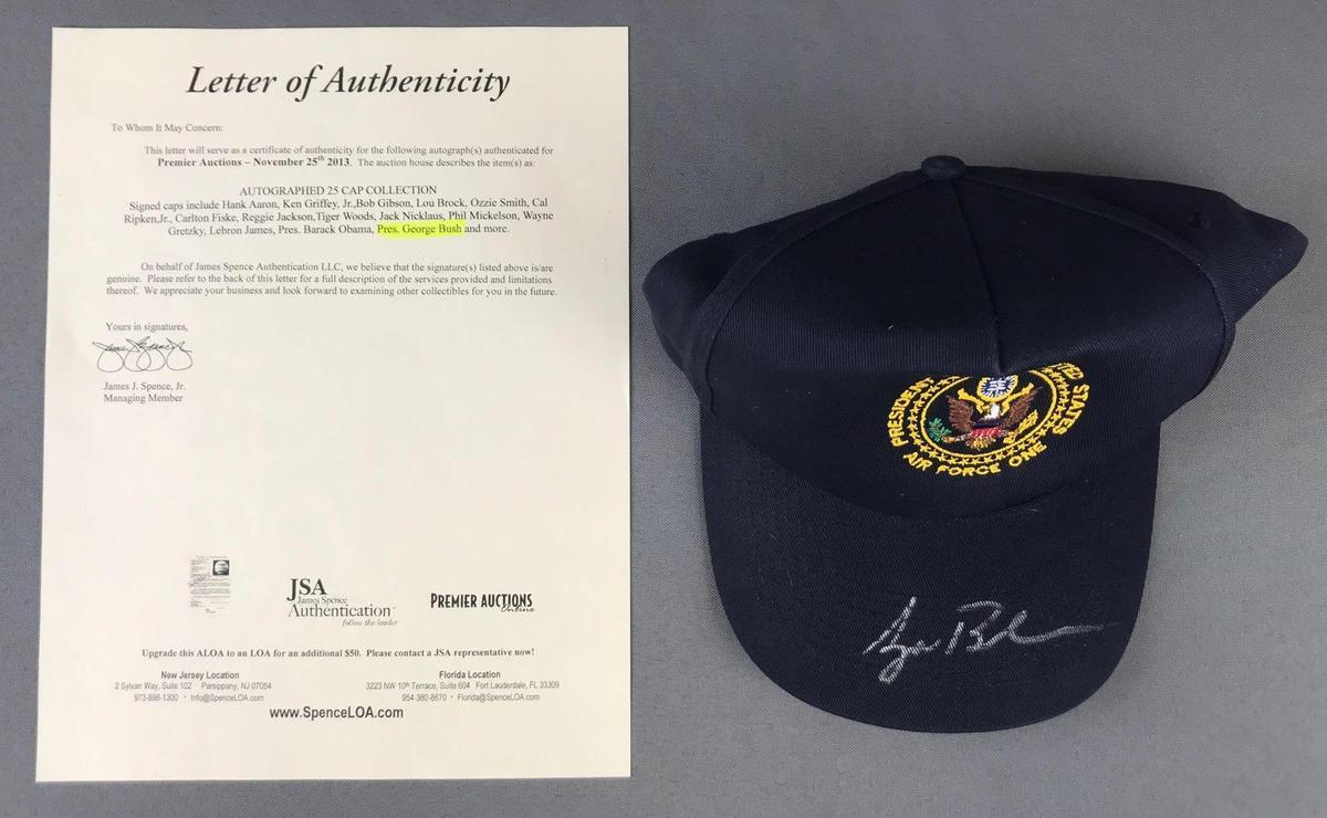 George W Bush autographed air force one snap back cap with letter of authenticity