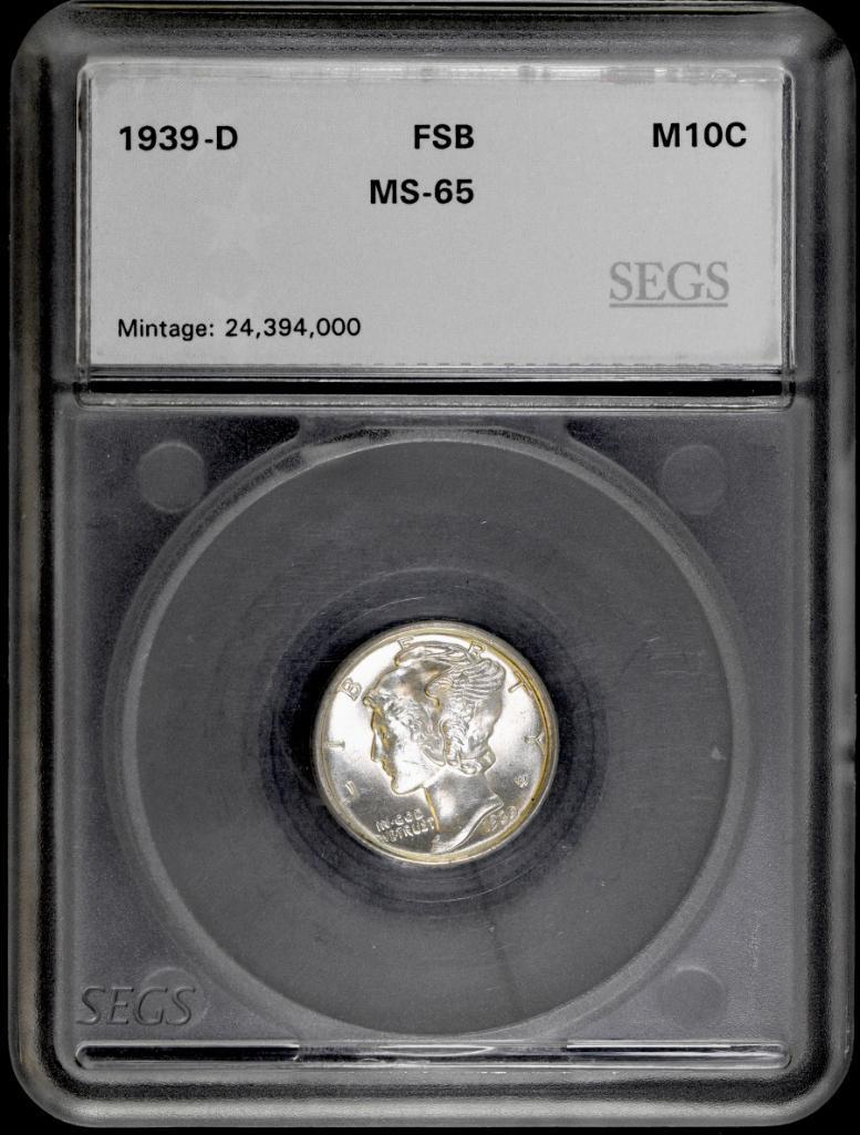 1939 D Mercury Silver Dime (SEGS) MS65 FSB.